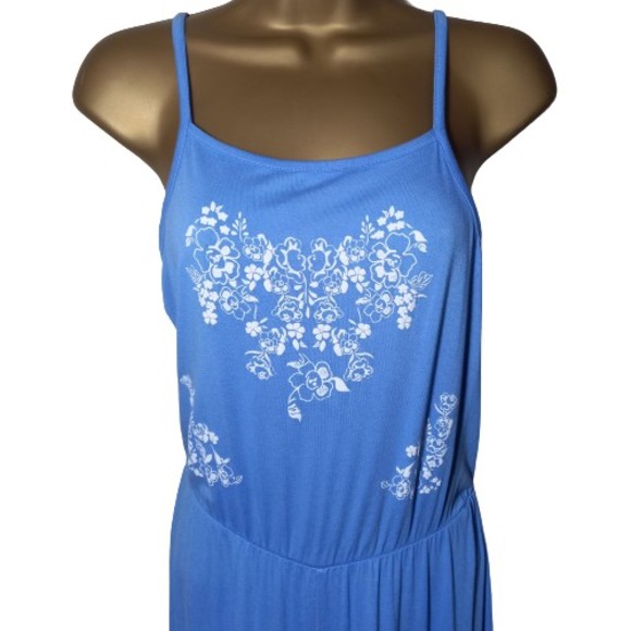 Size 8 Light Blue & White Floral Strappy Stretchy Jumpsuit - Picture 2 of 8